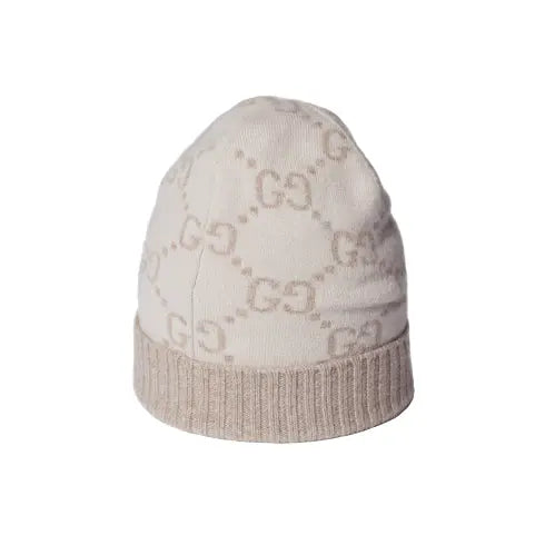 Bonnet Et Écharpe en jacquard de cachemire GG en Blanc Cassé et Beige SneakStyle