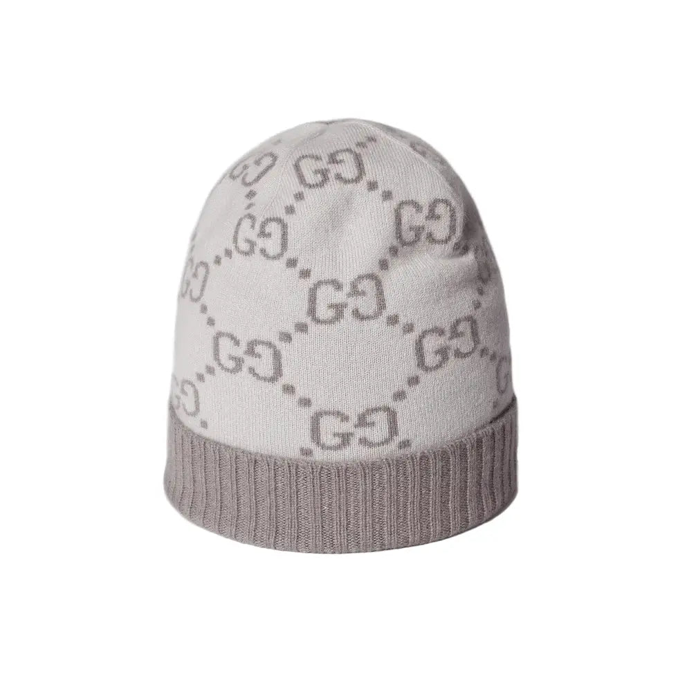 Bonnet Et Écharpe en jacquard de cachemire GG en Gris Claire SneakStyle